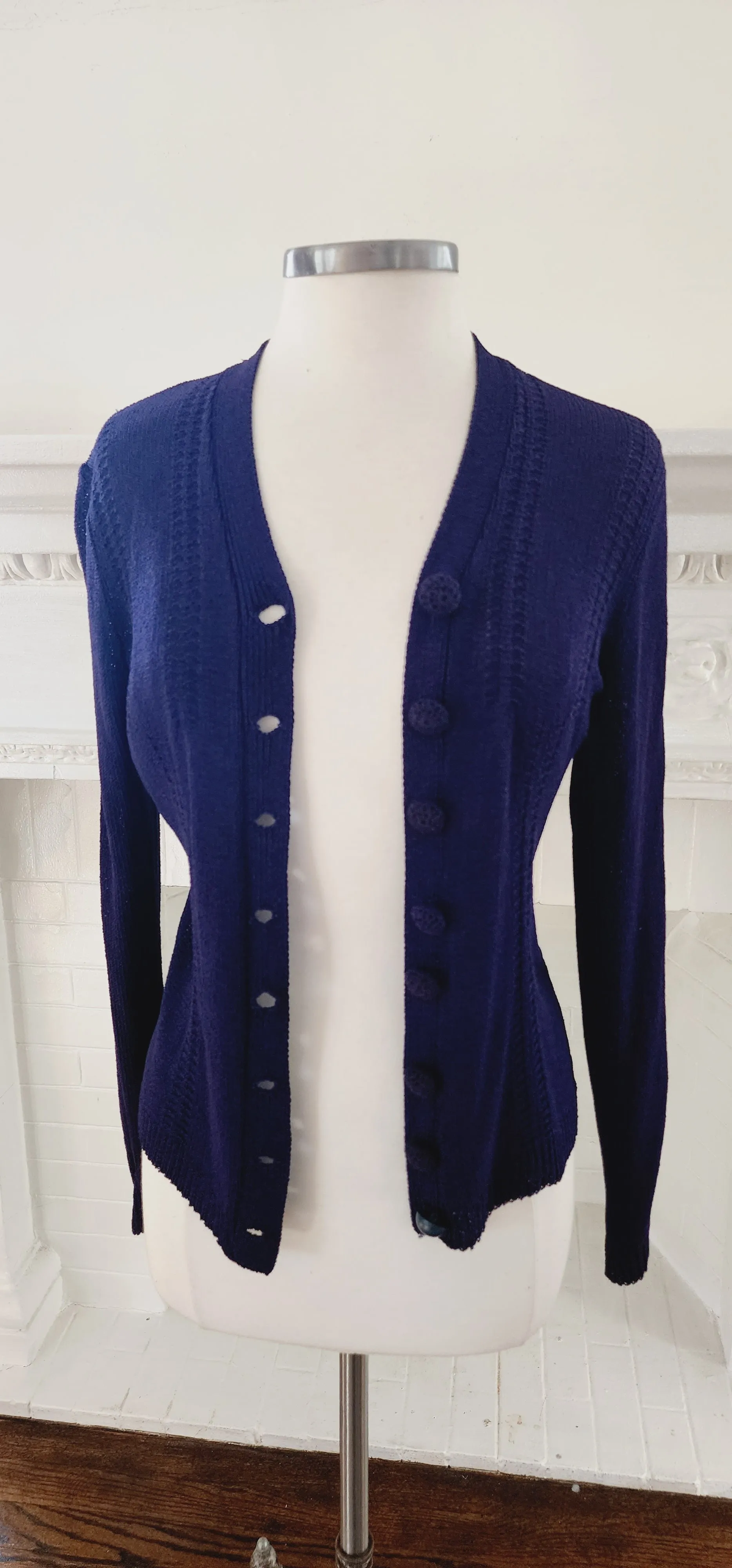 1930s Navy Blue Handknit Cardigan Sunday Night Knits by Marinette / S