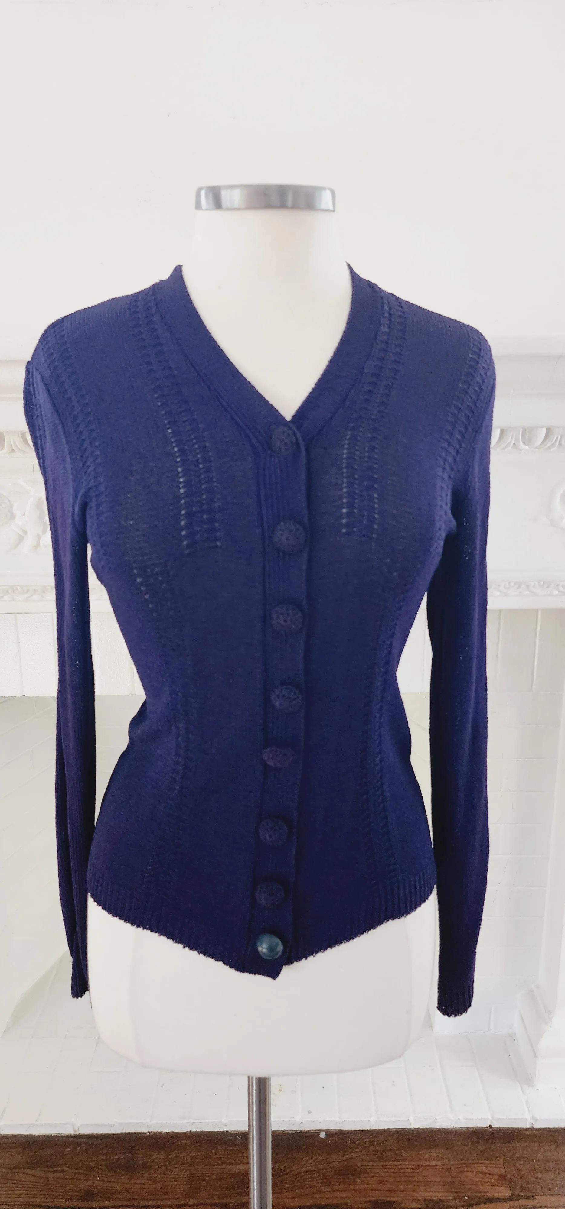 1930s Navy Blue Handknit Cardigan Sunday Night Knits by Marinette / S