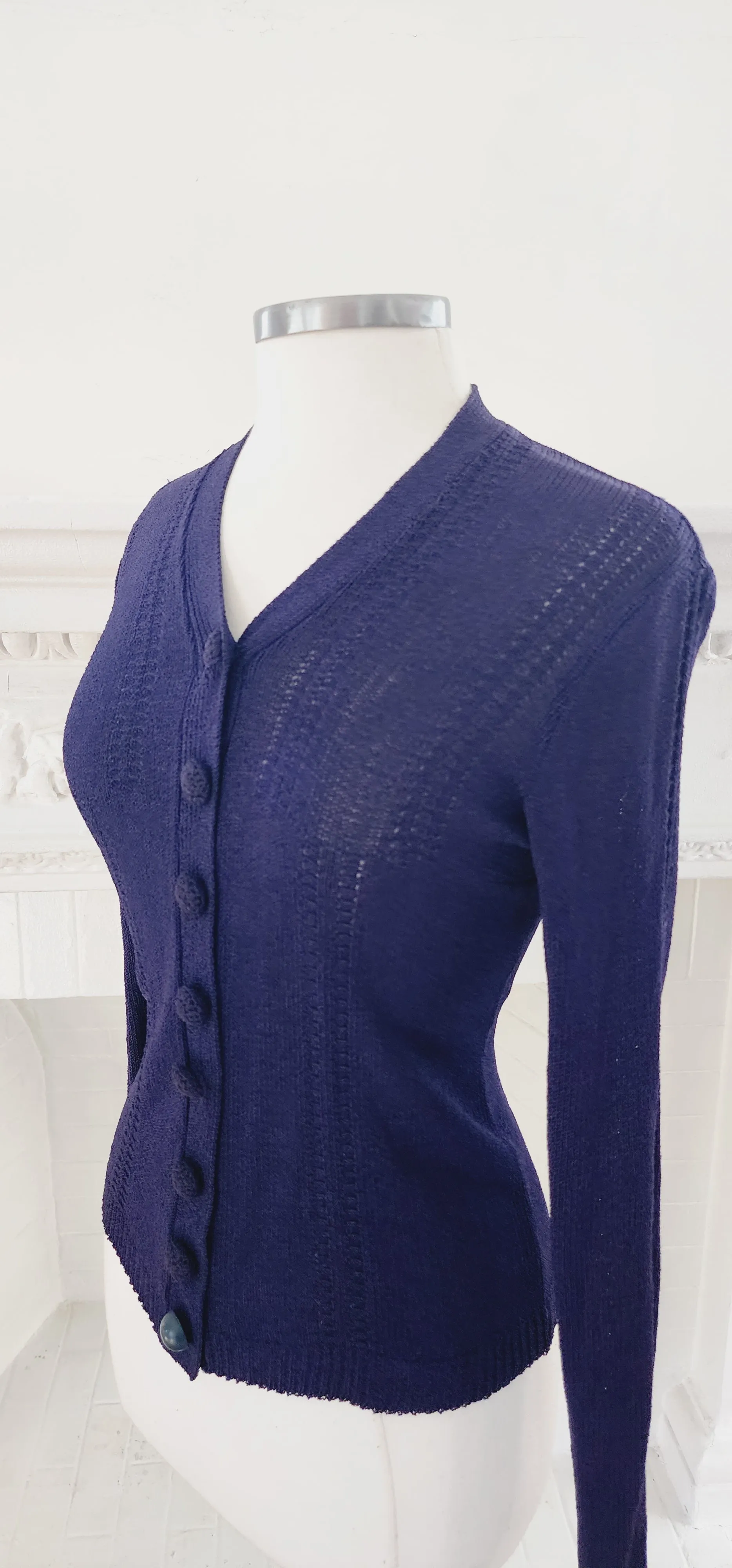 1930s Navy Blue Handknit Cardigan Sunday Night Knits by Marinette / S