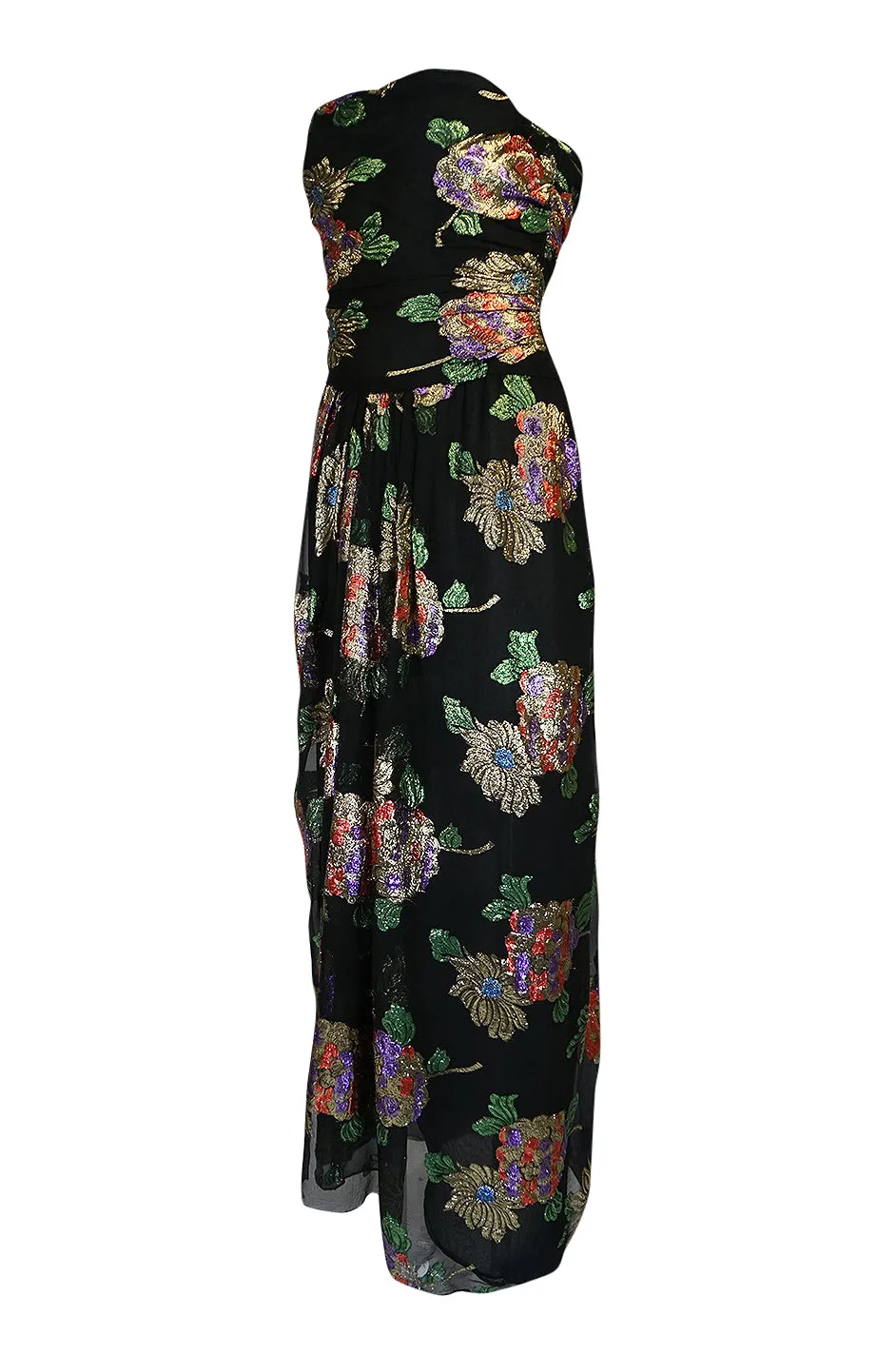 1970s Oscar De La Renta Silk & Vivid Metallic Strapless Dress