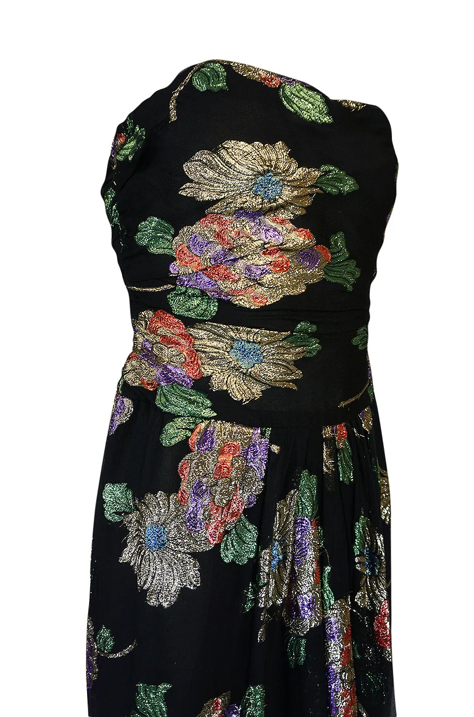 1970s Oscar De La Renta Silk & Vivid Metallic Strapless Dress