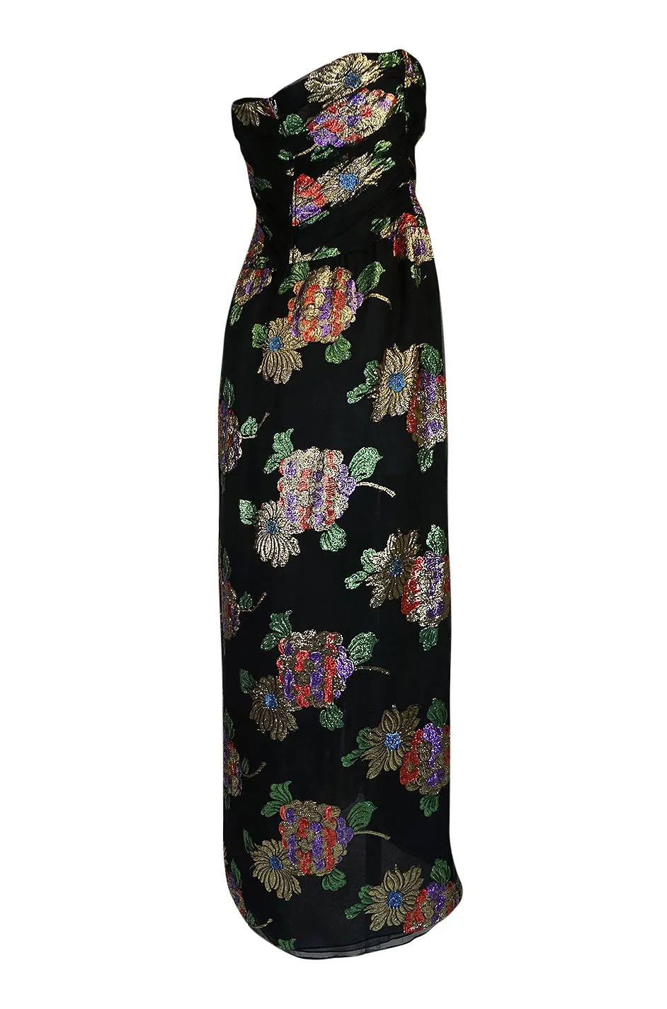 1970s Oscar De La Renta Silk & Vivid Metallic Strapless Dress