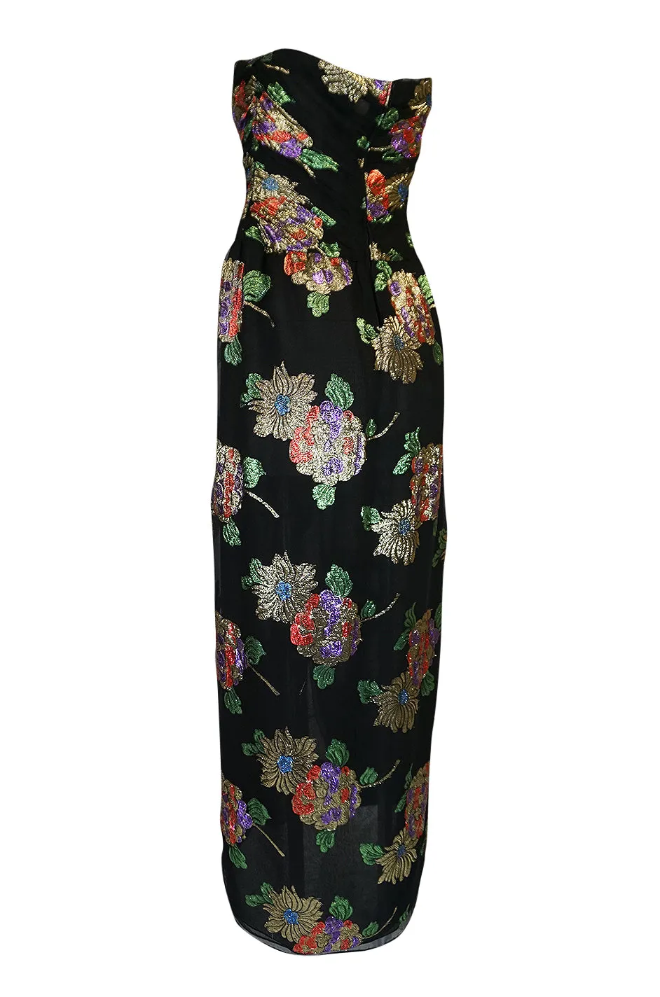 1970s Oscar De La Renta Silk & Vivid Metallic Strapless Dress