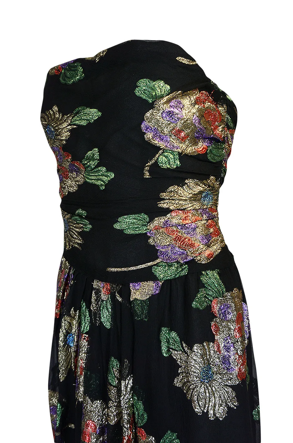 1970s Oscar De La Renta Silk & Vivid Metallic Strapless Dress