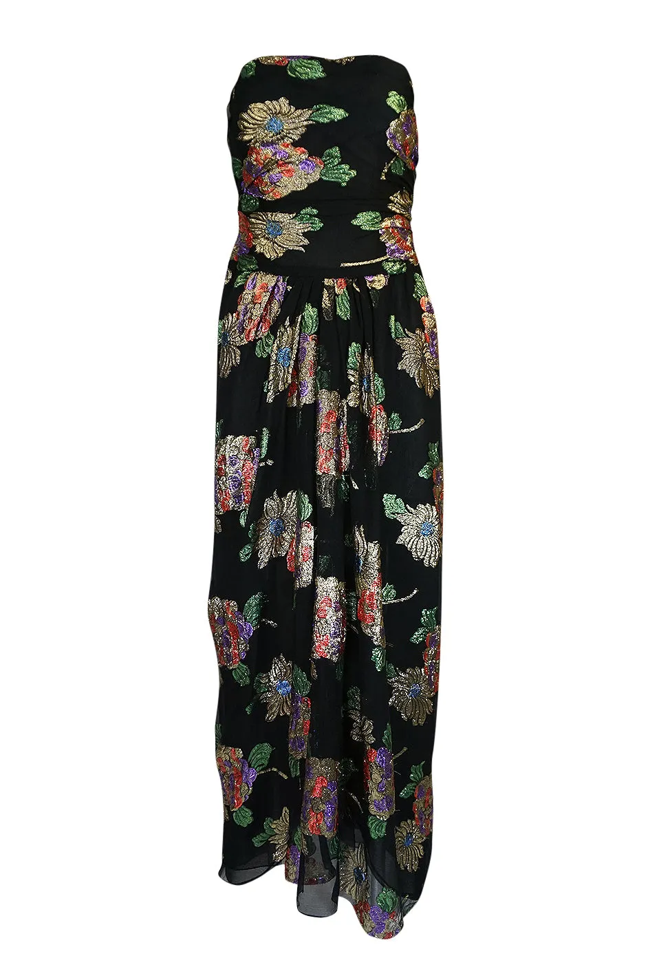 1970s Oscar De La Renta Silk & Vivid Metallic Strapless Dress