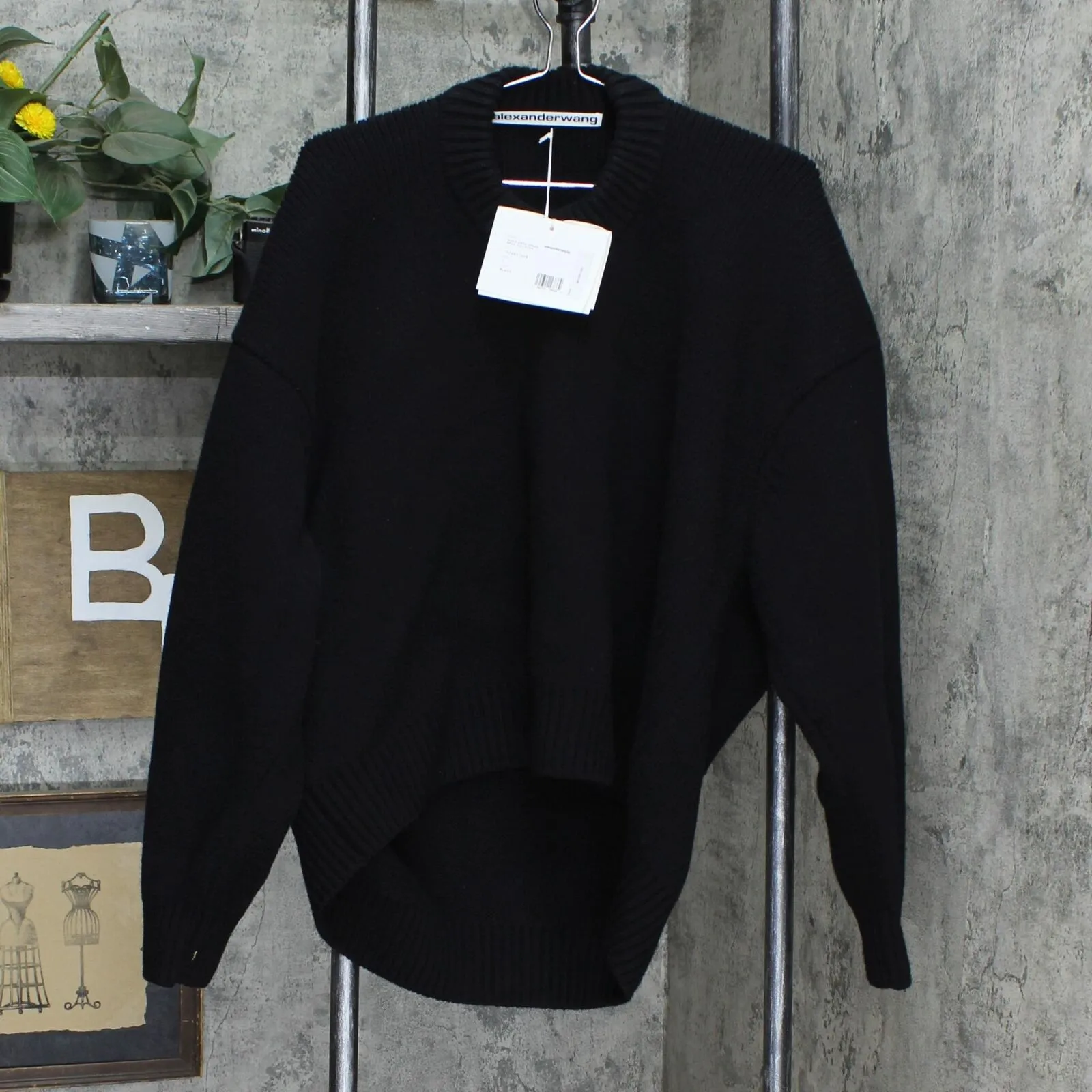 Alexander Wang Womens Rib Merino Wool Blend Mock Neck Sweater Black L