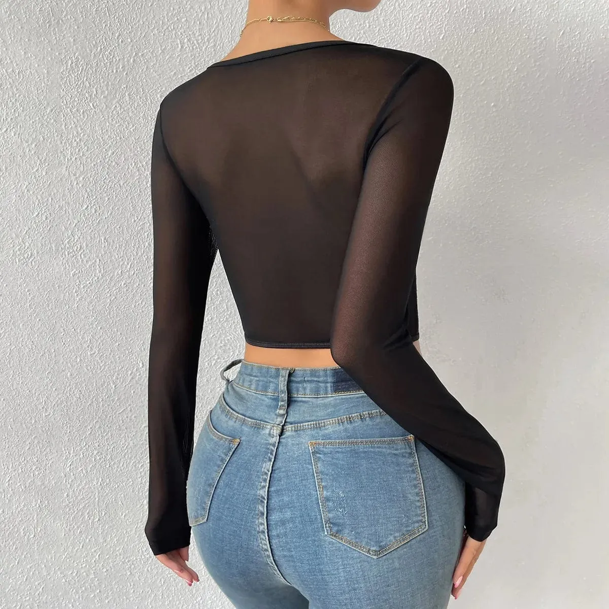 Backless Sexy Lace Long Sleeve Women's Blouse Floral Embroidery Bodycon Crop Top