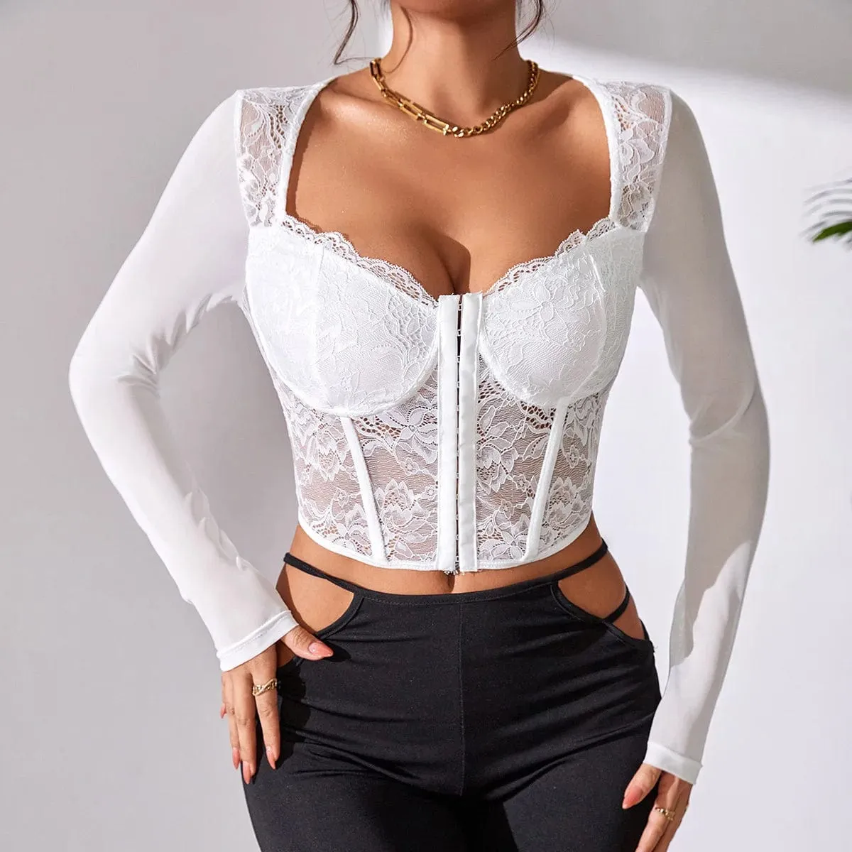Backless Sexy Lace Long Sleeve Women's Blouse Floral Embroidery Bodycon Crop Top