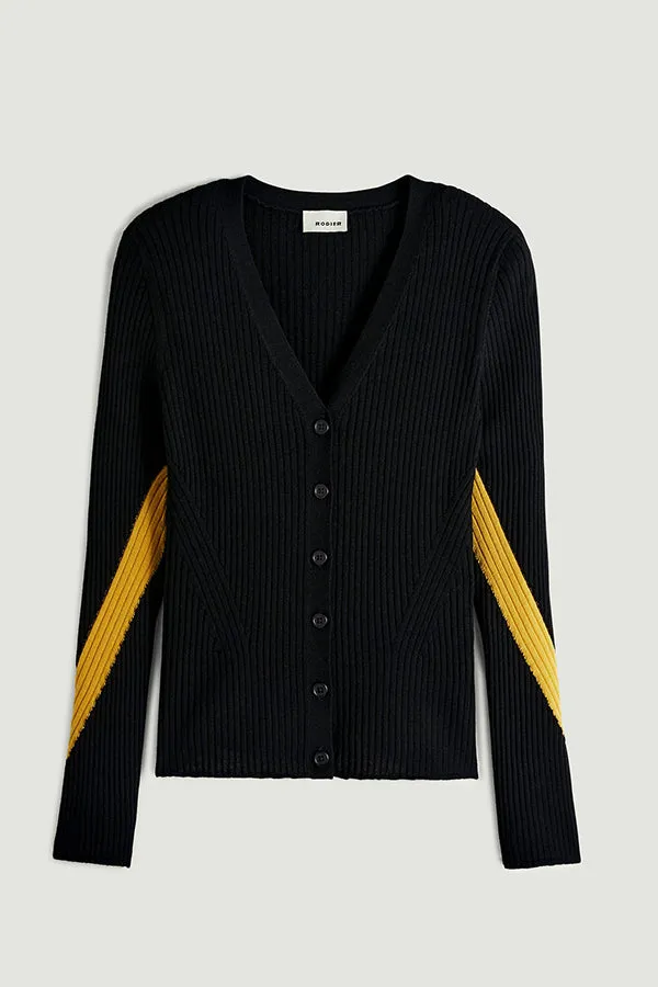 BLACK BICOLOR RIBBED MERINO WOOL CARDIGAN