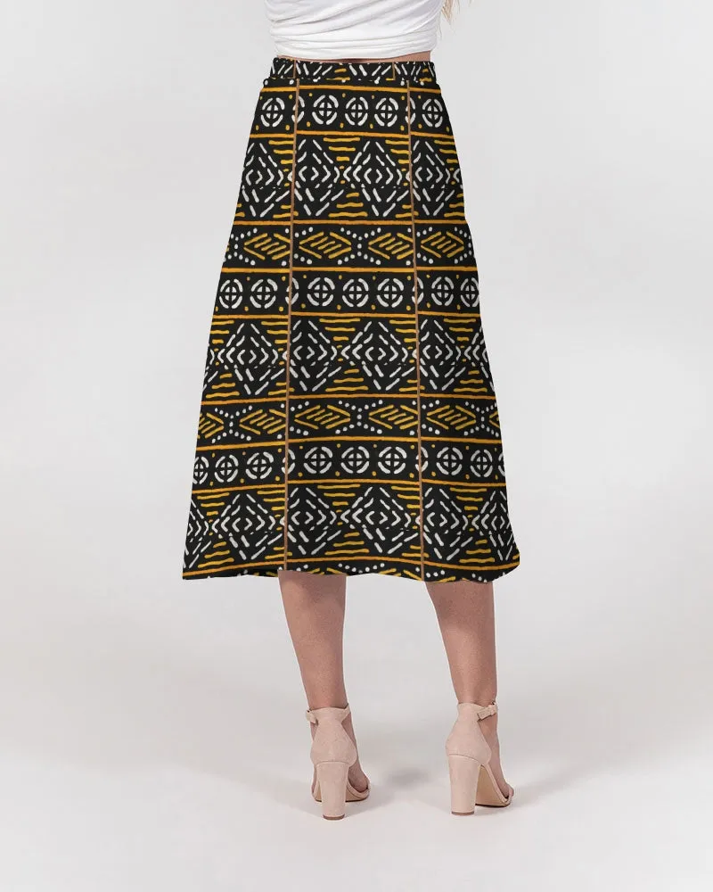 Black Yellow Bogolan African Print Women's A-Line Midi Skirt