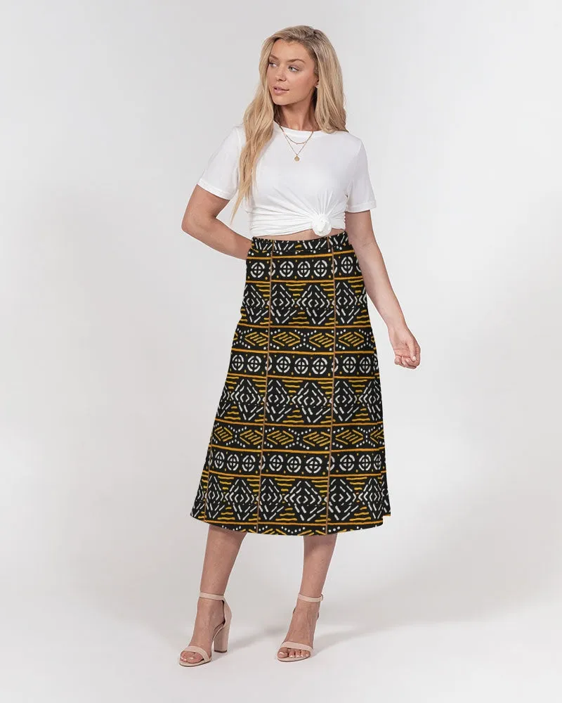 Black Yellow Bogolan African Print Women's A-Line Midi Skirt