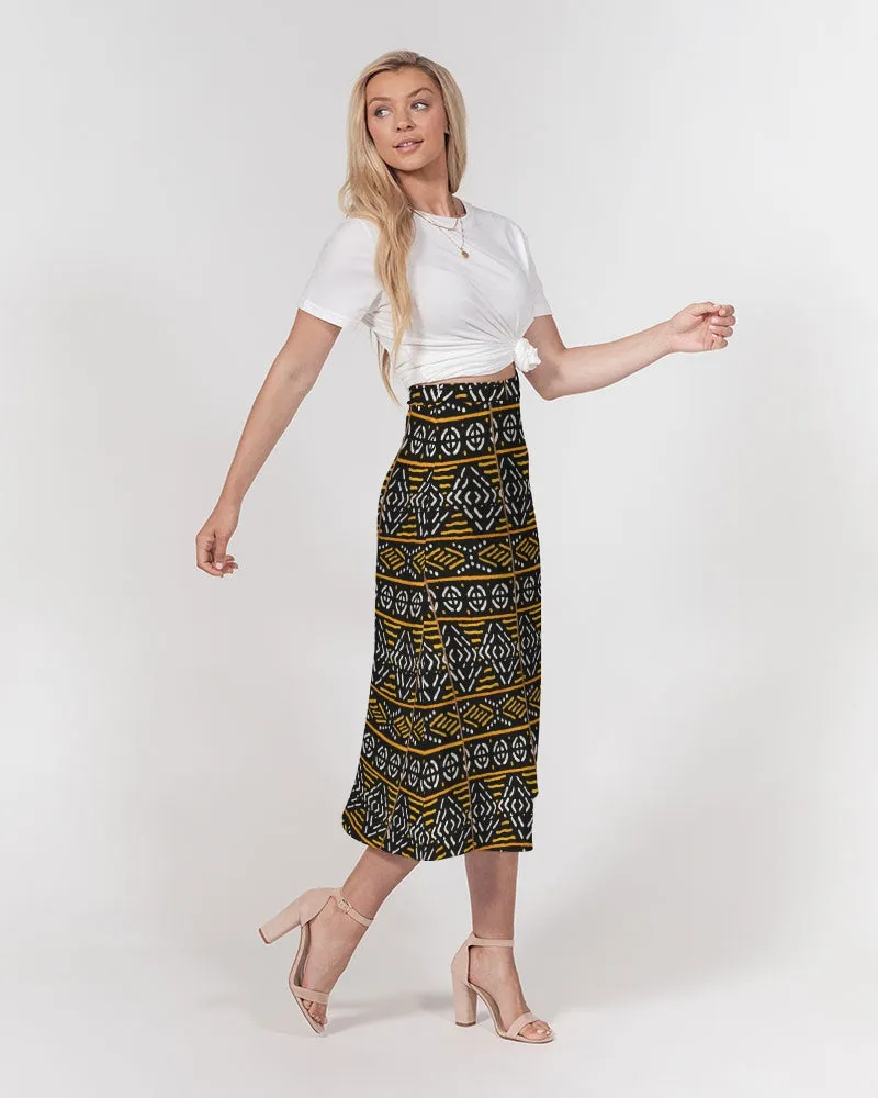 Black Yellow Bogolan African Print Women's A-Line Midi Skirt