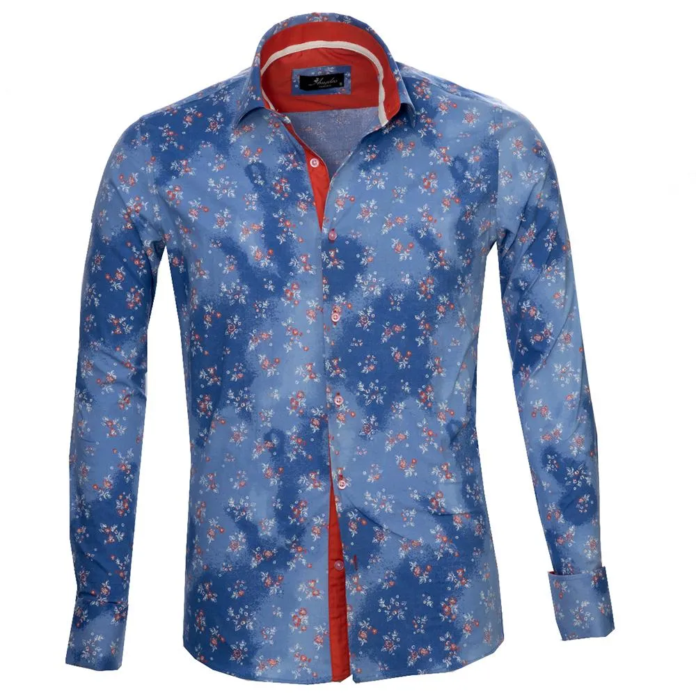 Blue Floral Mens Slim Fit French Cuff Shirts with Cufflink Holes - Casual and Formal