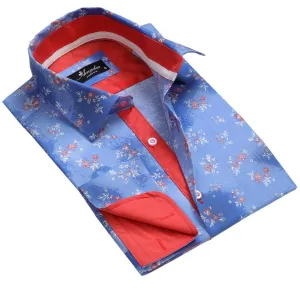 Blue Floral Mens Slim Fit French Cuff Shirts with Cufflink Holes - Casual and Formal