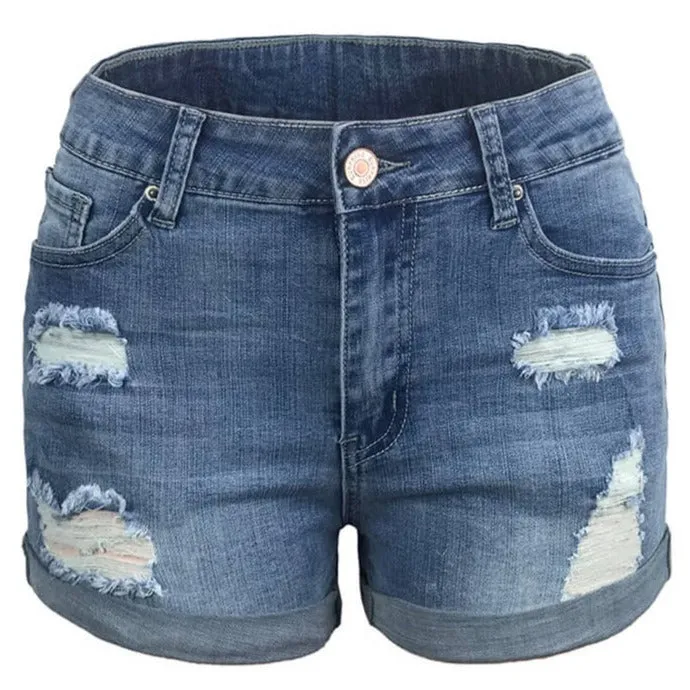Breathable Newest Women's Ripped Mid Waisted Denim Shorts
