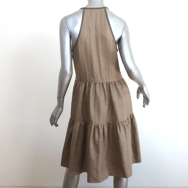 Brunello Cucinelli Monili-Trim Tiered Dress Brown Linen Blend Size Medium
