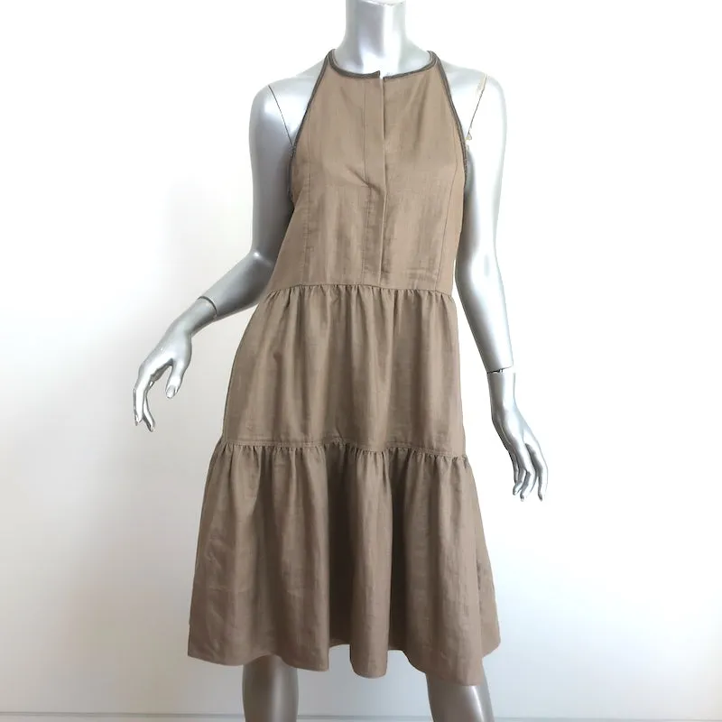 Brunello Cucinelli Monili-Trim Tiered Dress Brown Linen Blend Size Medium
