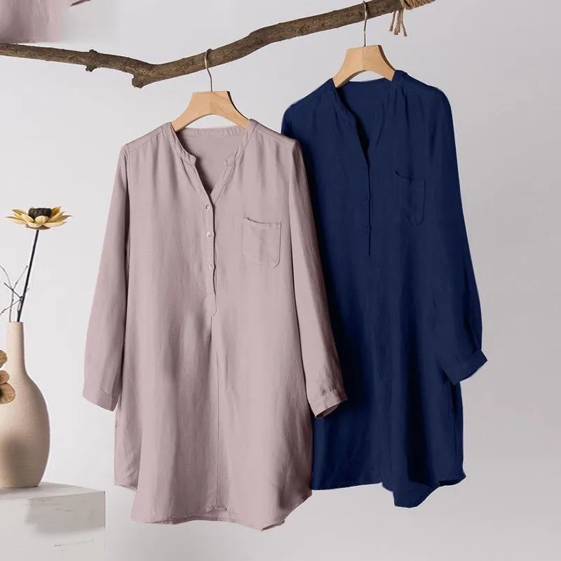 Buddha Stones Casual Women's V-neck Long Sleeve Design Three Buttons Polyester Shirt