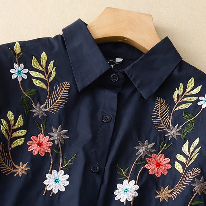 Buddha Stones Summer Solid Color Embroidery Plants Flower Three Quarter Sleeve Lapel Button Cotton Women's Shirt
