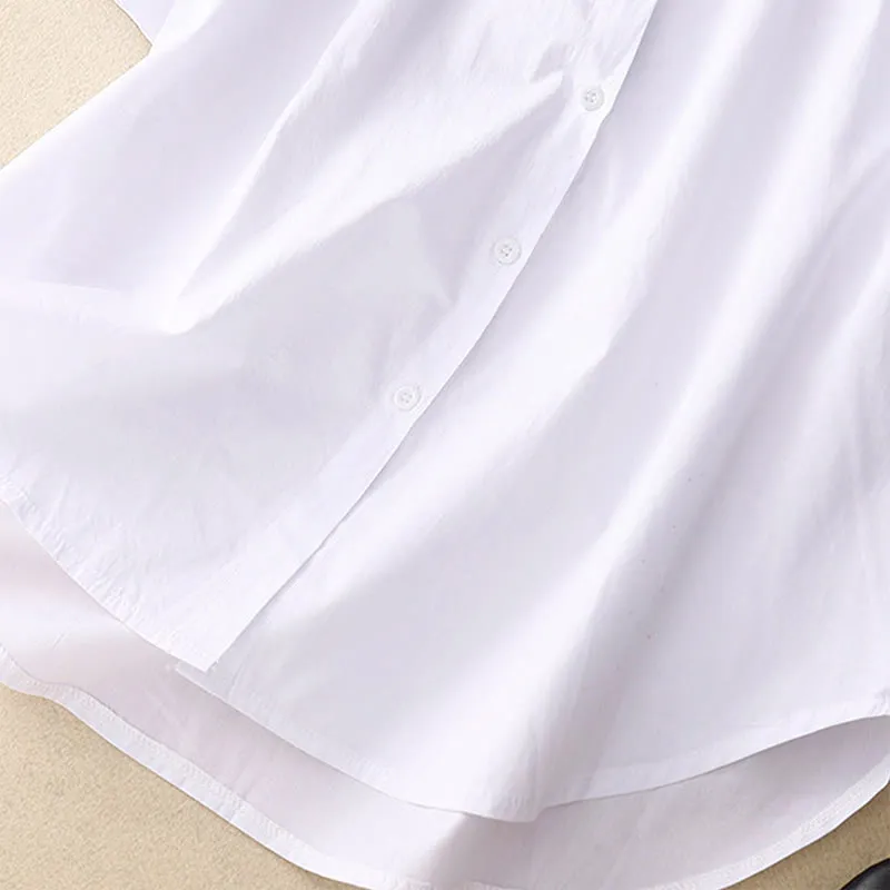 Buddha Stones Summer Solid Color Embroidery Plants Flower Three Quarter Sleeve Lapel Button Cotton Women's Shirt