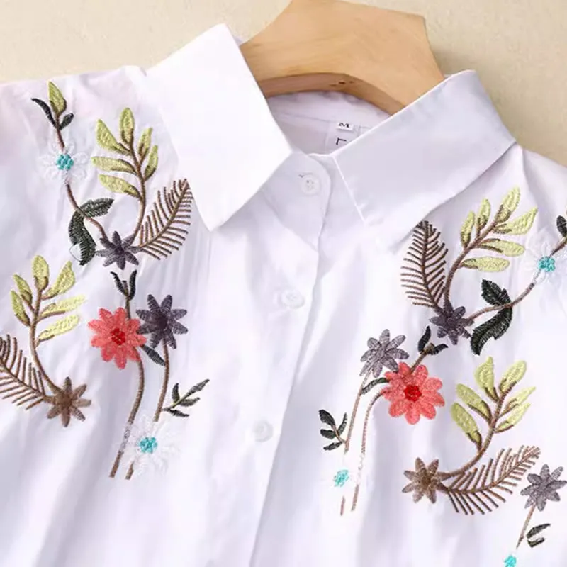 Buddha Stones Summer Solid Color Embroidery Plants Flower Three Quarter Sleeve Lapel Button Cotton Women's Shirt