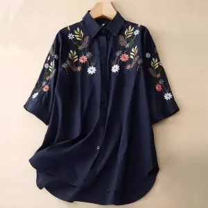 Buddha Stones Summer Solid Color Embroidery Plants Flower Three Quarter Sleeve Lapel Button Cotton Women's Shirt