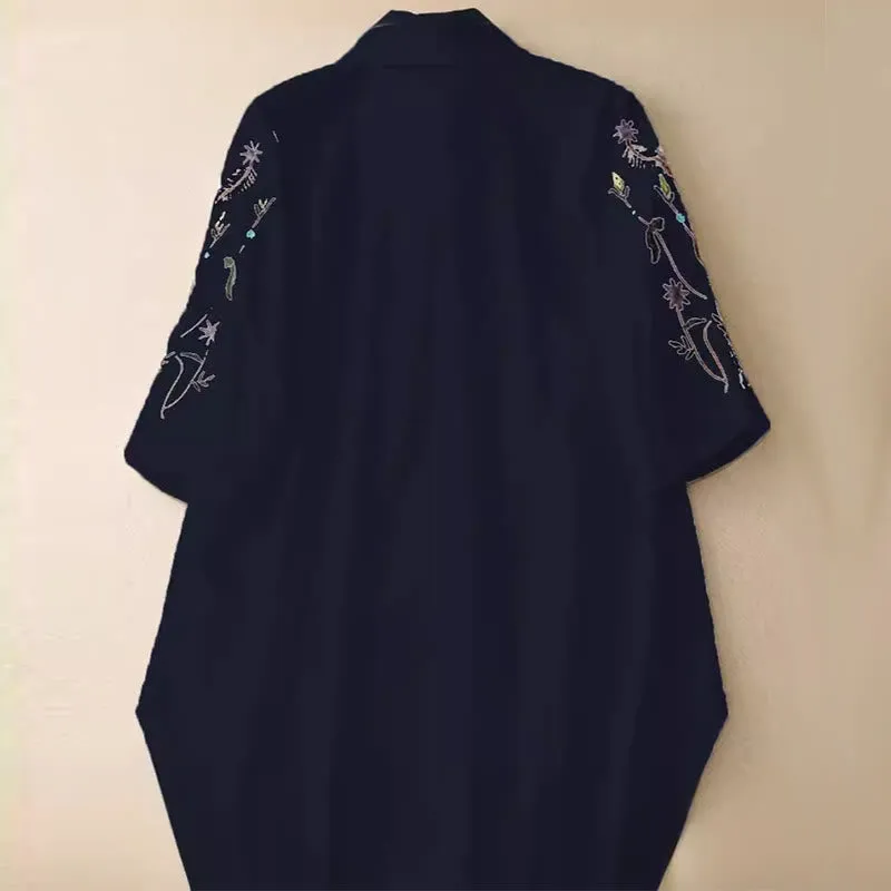 Buddha Stones Summer Solid Color Embroidery Plants Flower Three Quarter Sleeve Lapel Button Cotton Women's Shirt