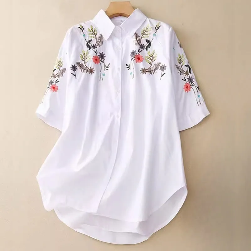 Buddha Stones Summer Solid Color Embroidery Plants Flower Three Quarter Sleeve Lapel Button Cotton Women's Shirt