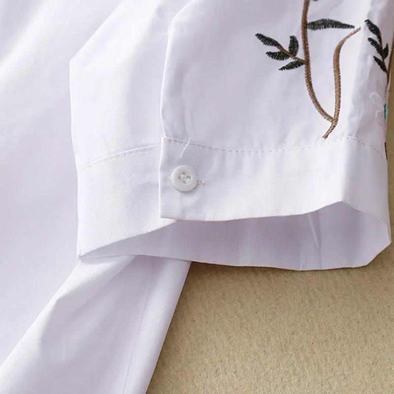 Buddha Stones Summer Solid Color Embroidery Plants Flower Three Quarter Sleeve Lapel Button Cotton Women's Shirt