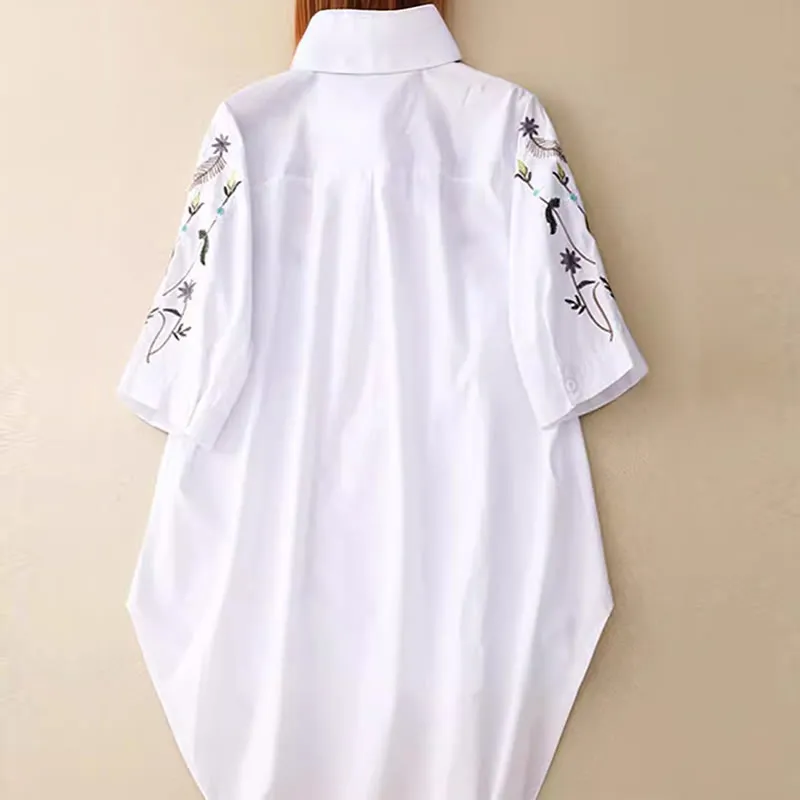Buddha Stones Summer Solid Color Embroidery Plants Flower Three Quarter Sleeve Lapel Button Cotton Women's Shirt