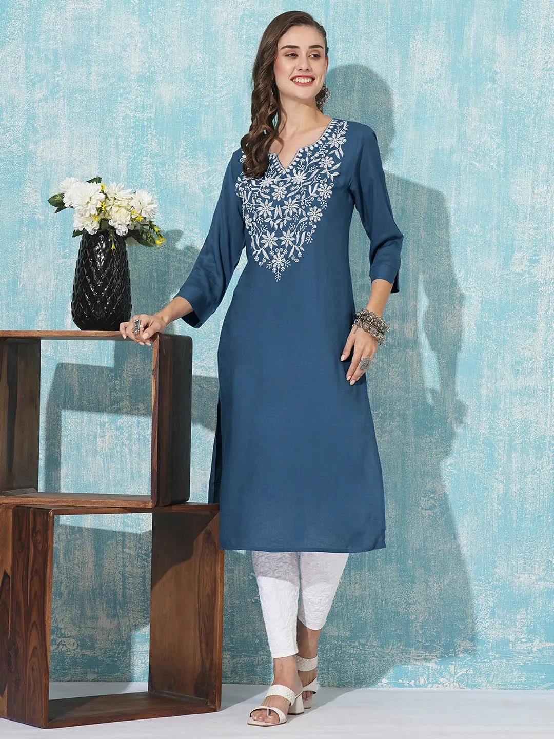 Buy Teal Comfort Fit Rayon Kurta For Women Online In India - Zola