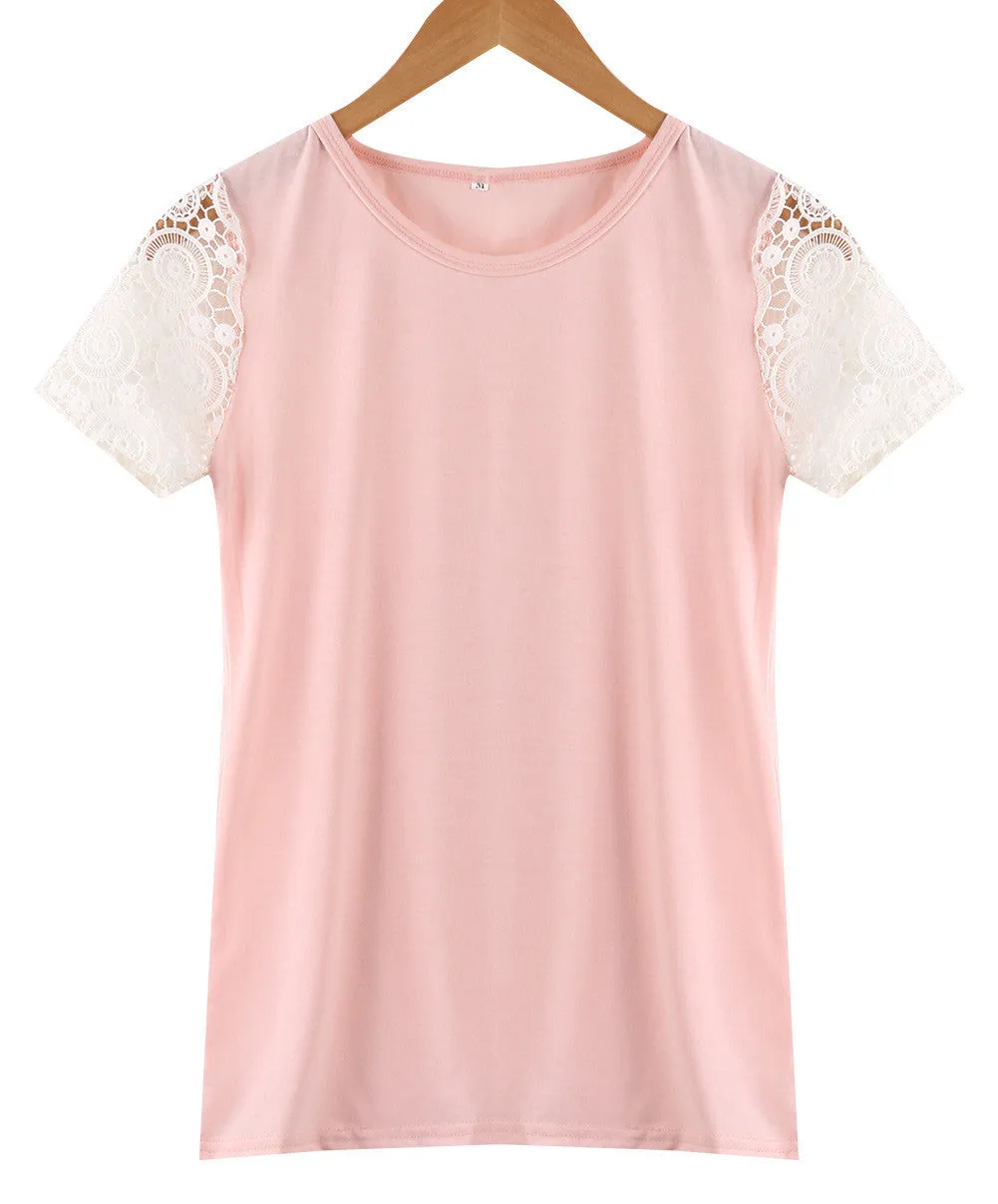Candy Colors Pink Fashion Plus Size Women Vest Top Blouse Women's Lace Casual Tank Tops Ladies Lace Short Sleeve Blouse
