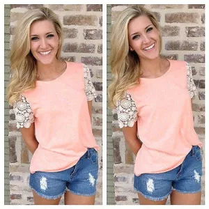 Candy Colors Pink Fashion Plus Size Women Vest Top Blouse Women's Lace Casual Tank Tops Ladies Lace Short Sleeve Blouse