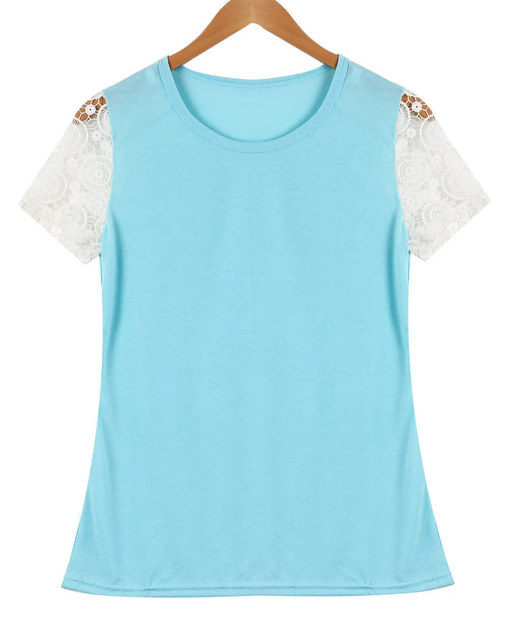 Candy Colors Pink Fashion Plus Size Women Vest Top Blouse Women's Lace Casual Tank Tops Ladies Lace Short Sleeve Blouse