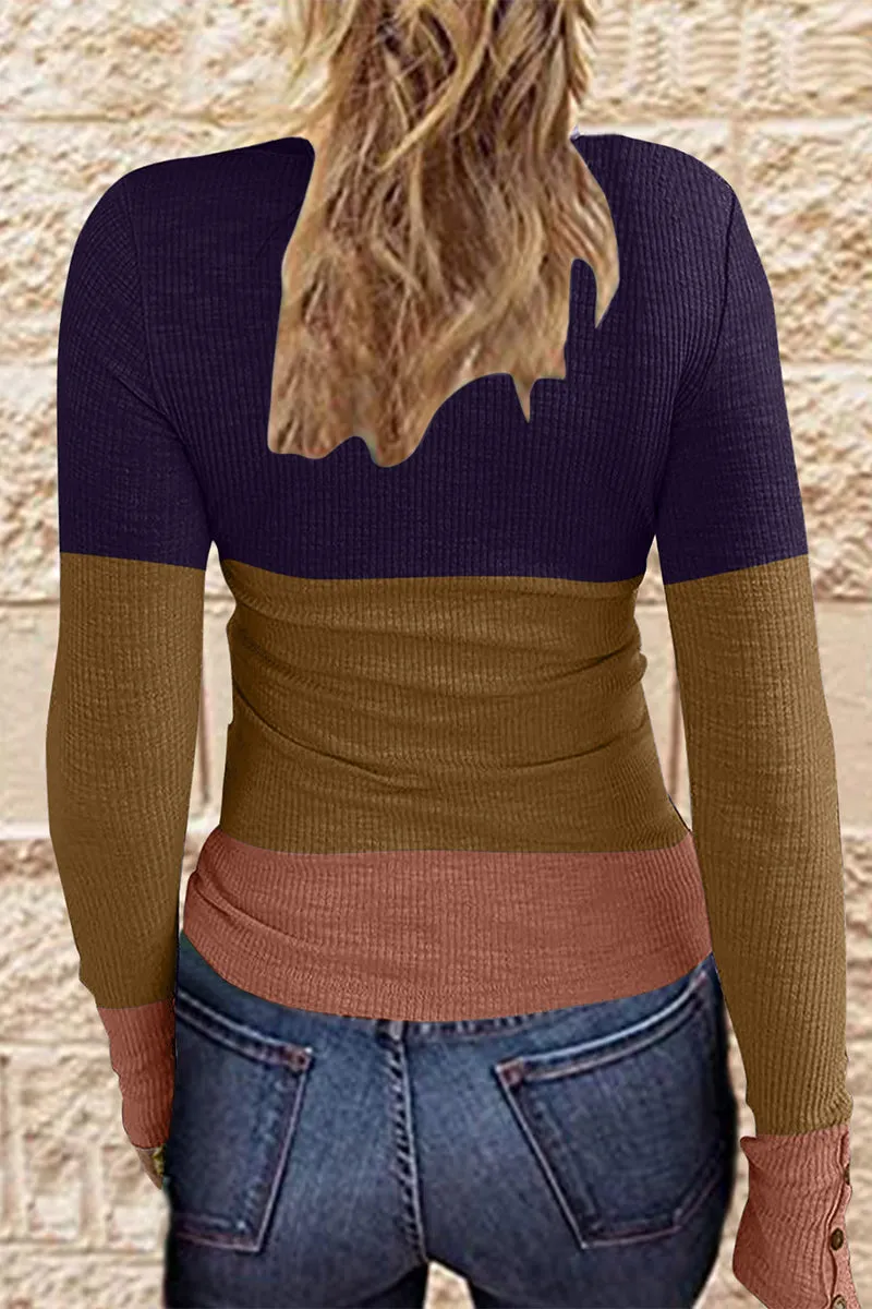 Casual Gradual Change Color Block Patchwork Buttons O Neck T-Shirts