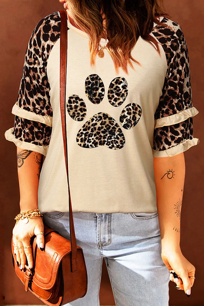 Casual Print Leopard Patchwork O Neck T-Shirts(5 Colors)