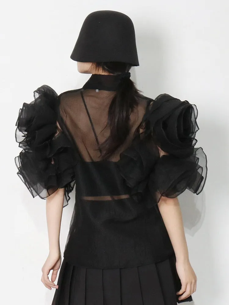 Casual Shirt For Women Bowknot Collar Half Solid Blouse