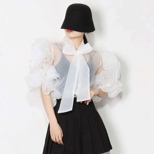 Casual Shirt For Women Bowknot Collar Half Solid Blouse