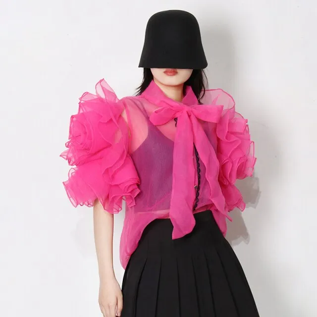 Casual Shirt For Women Bowknot Collar Half Solid Blouse