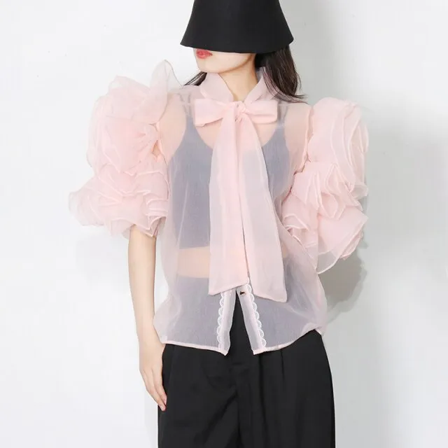 Casual Shirt For Women Bowknot Collar Half Solid Blouse