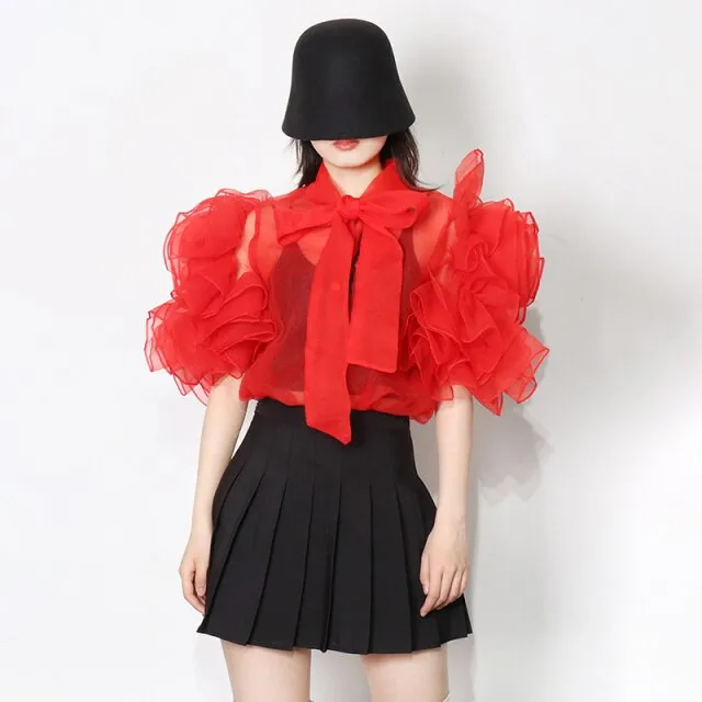 Casual Shirt For Women Bowknot Collar Half Solid Blouse
