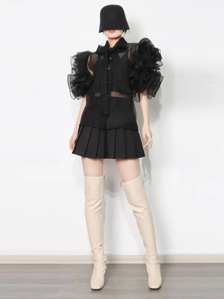 Casual Shirt For Women Bowknot Collar Half Solid Blouse