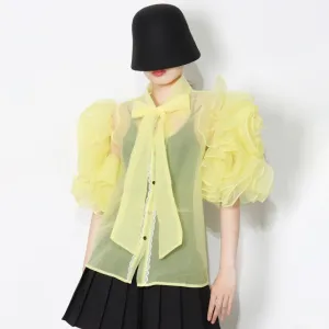 Casual Shirt For Women Bowknot Collar Half Solid Blouse