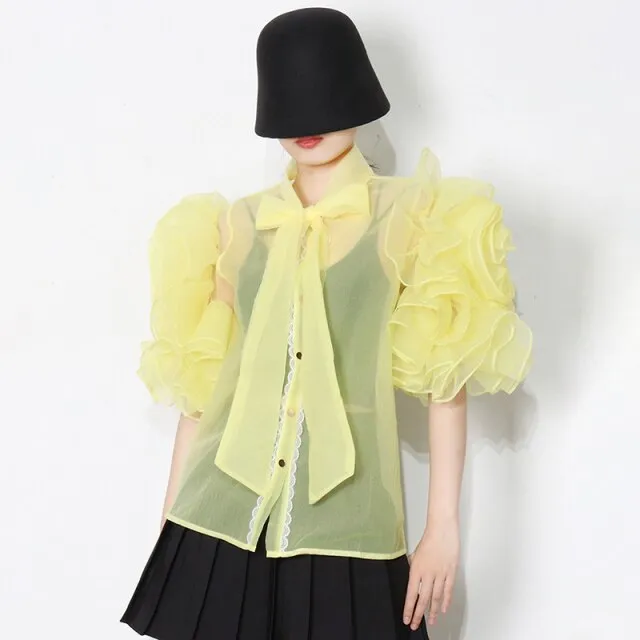 Casual Shirt For Women Bowknot Collar Half Solid Blouse