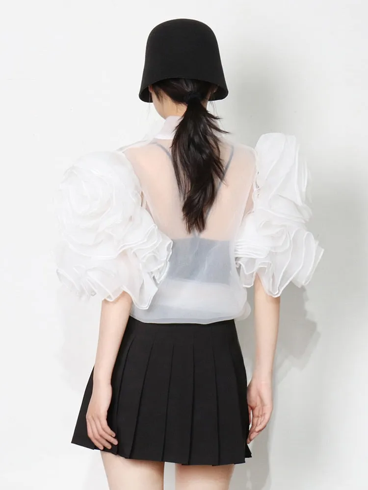 Casual Shirt For Women Bowknot Collar Half Solid Blouse