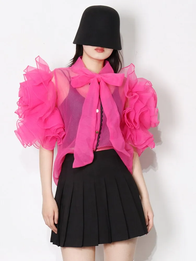Casual Shirt For Women Bowknot Collar Half Solid Blouse