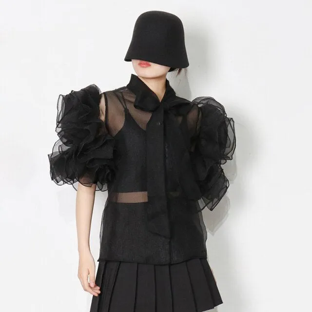 Casual Shirt For Women Bowknot Collar Half Solid Blouse
