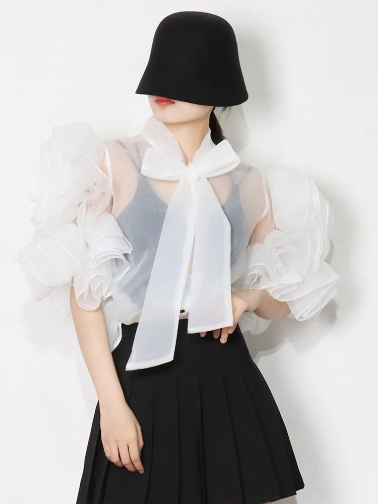 Casual Shirt For Women Bowknot Collar Half Solid Blouse