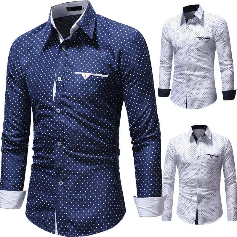 Casual Slim Fit Lattice Turn Down Collar Long Sleeve for Male 2263