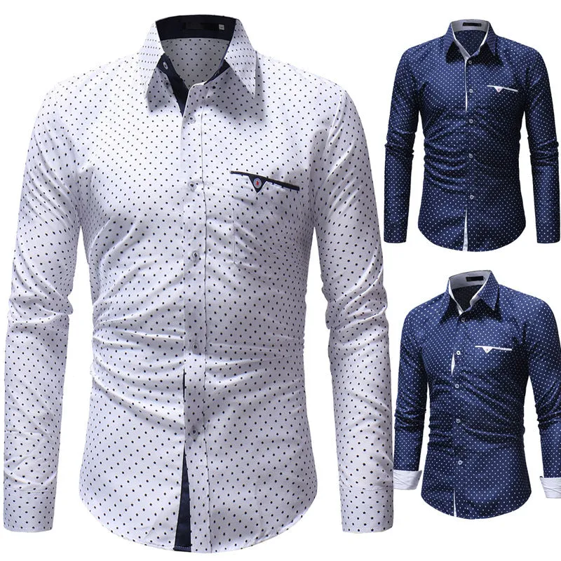 Casual Slim Fit Lattice Turn Down Collar Long Sleeve for Male 2263